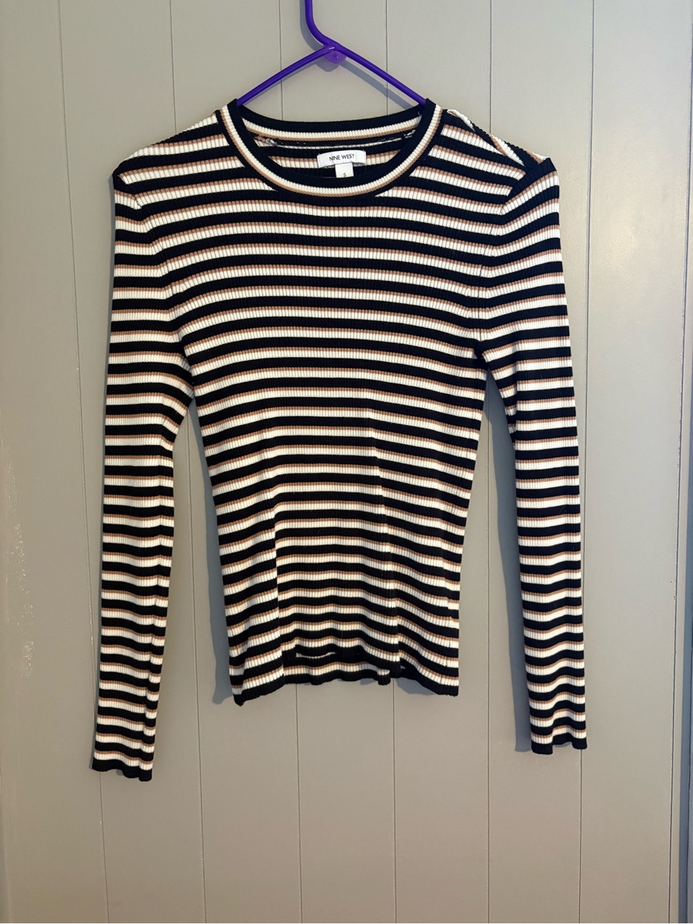 Nine West Black White Striped Ribbed Long Sleeve Crew Top